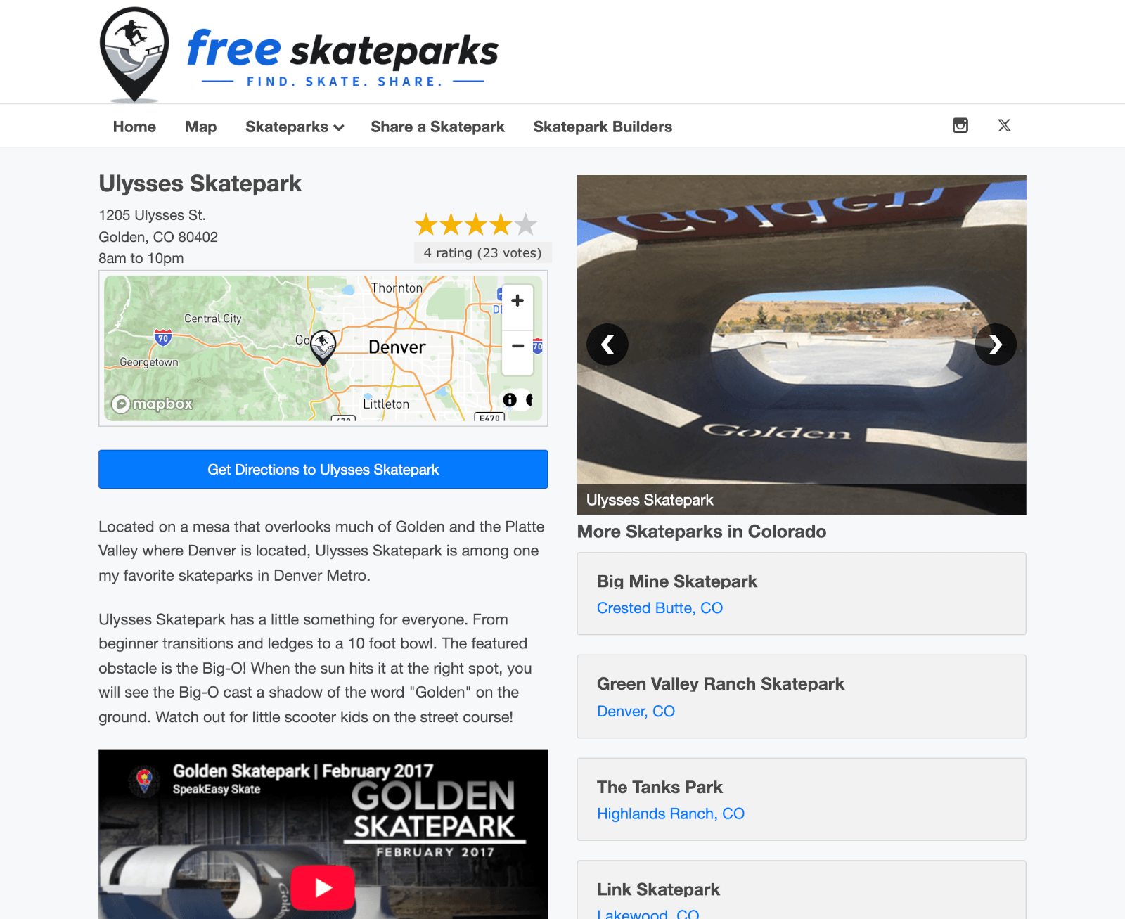 FreeSkateparks skatepark detail page with photos, map, and park information