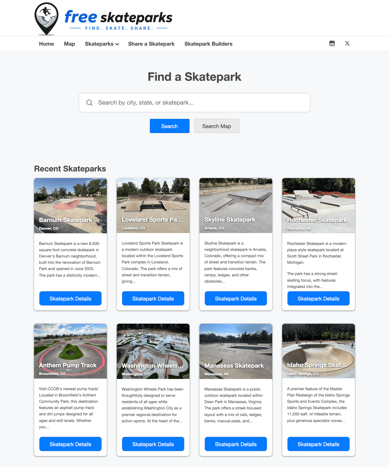 FreeSkateparks desktop homepage