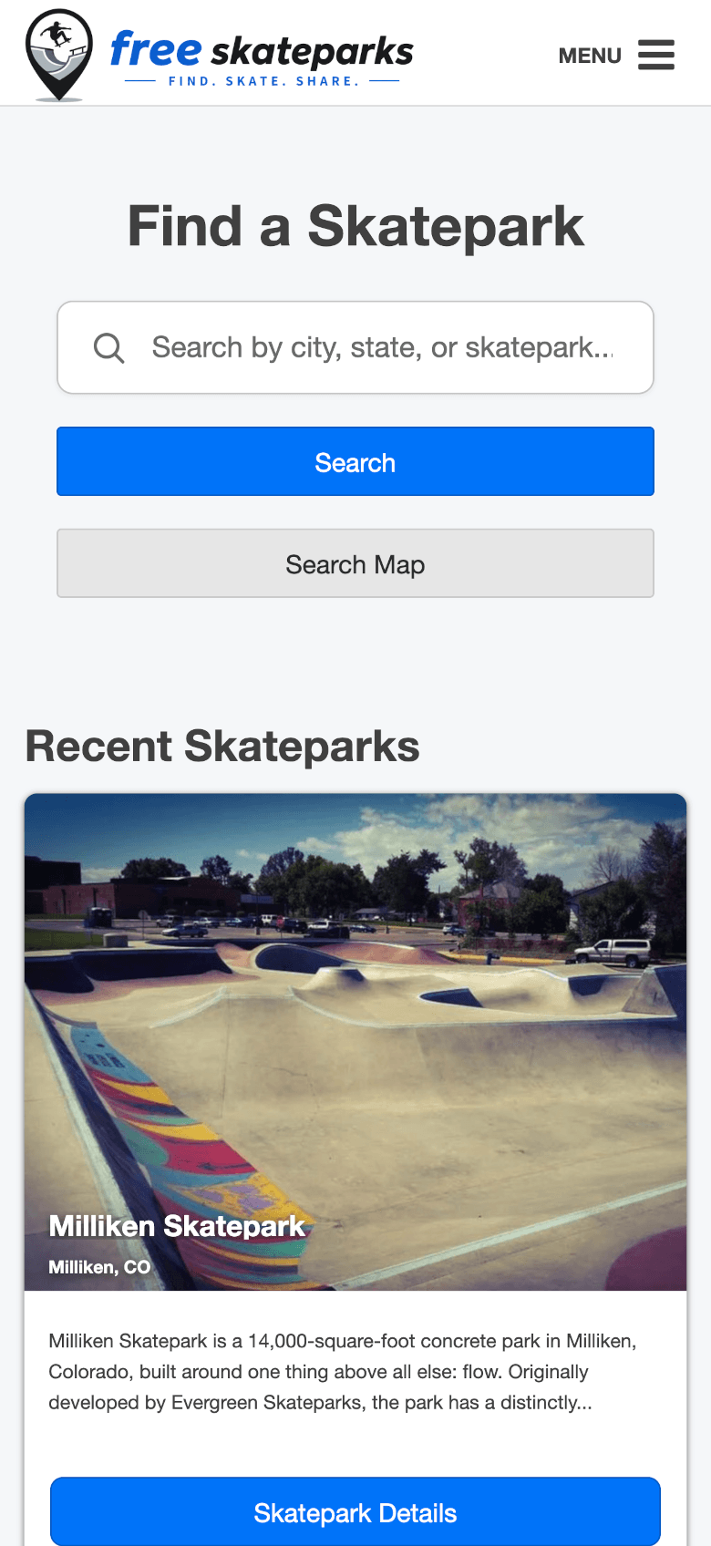 FreeSkateparks mobile homepage