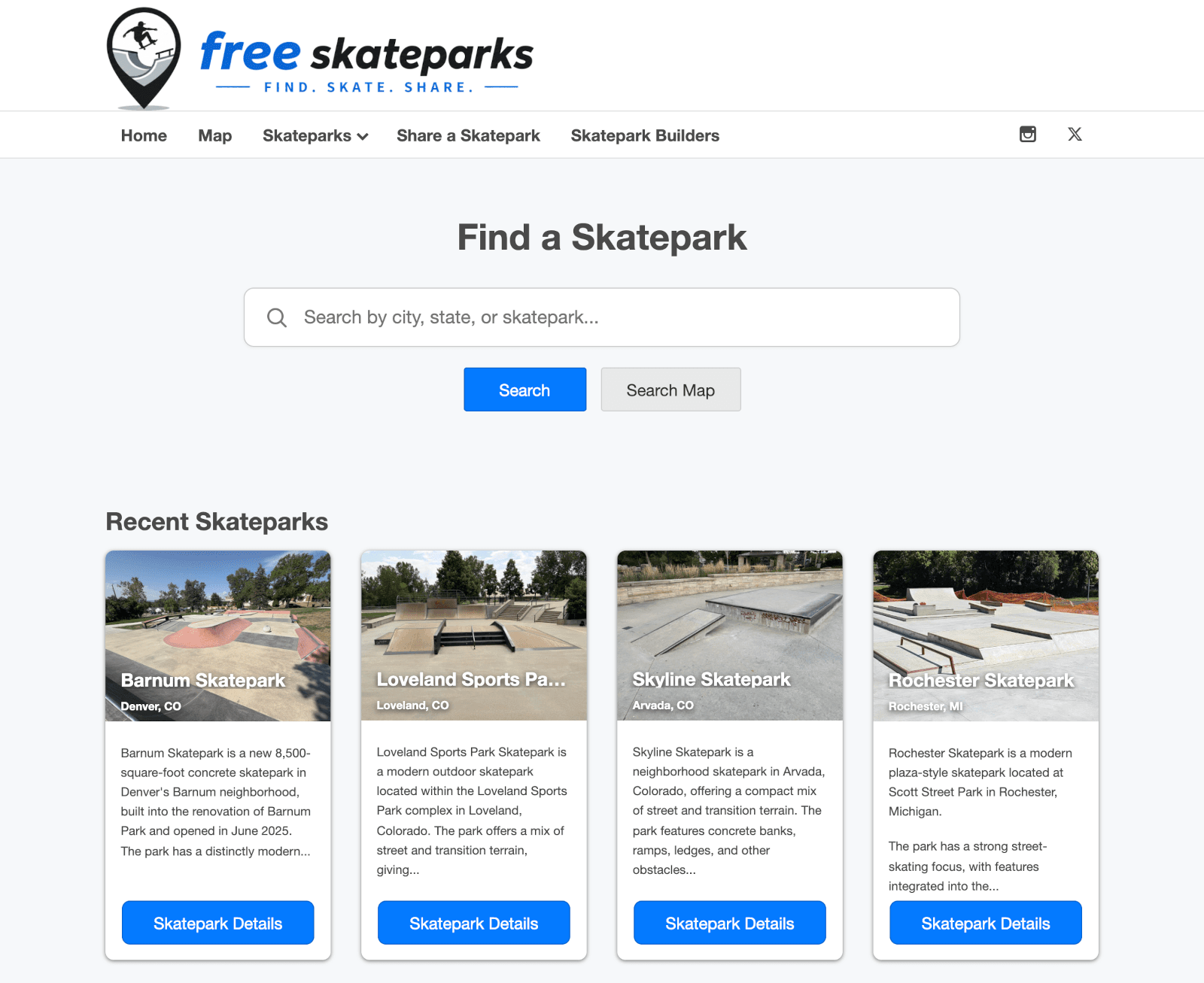 FreeSkateparks desktop homepage