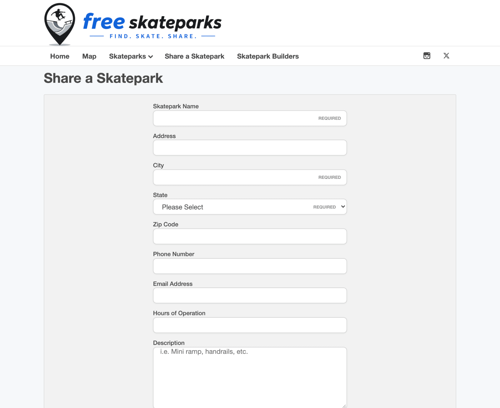 FreeSkateparks Share a Skatepark submission form